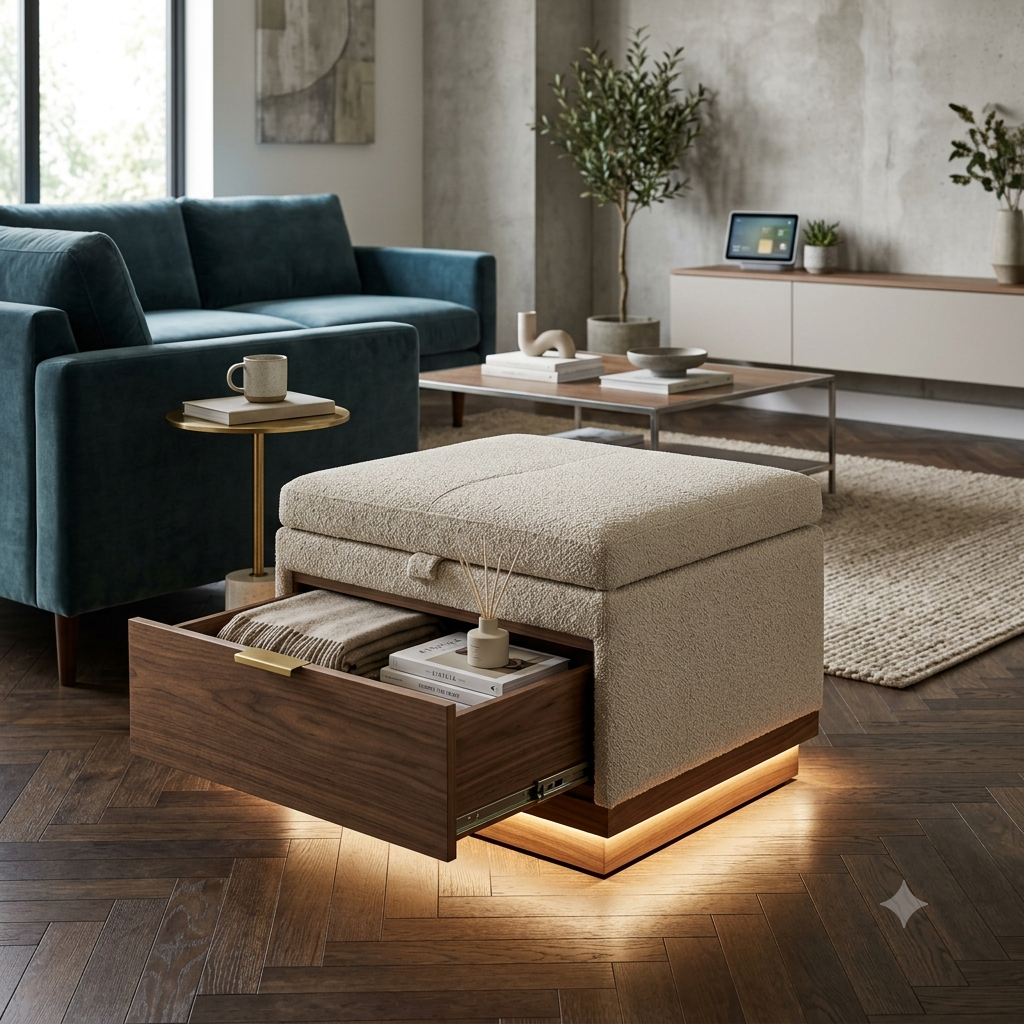 Ottoman with internal drawer storage and LED base, a multifunctional seating ottoman where the top lifts to a deep pull-out drawer compartment and integrated base lighting provides ambient illumination throughout the evening